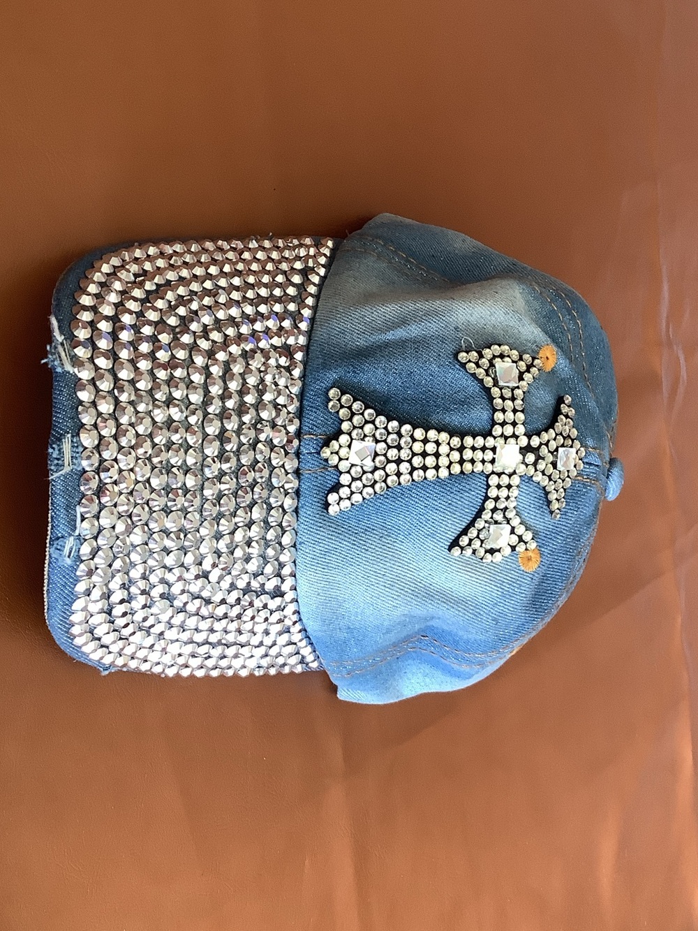 Embellished Crystal Cross Denim Cap in Light Blue